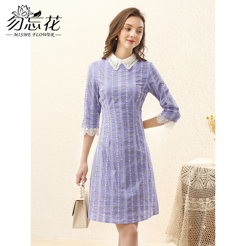 勿忘花紫色纯棉中式娃娃领连衣裙女2025春季新款复古收腰显瘦裙子