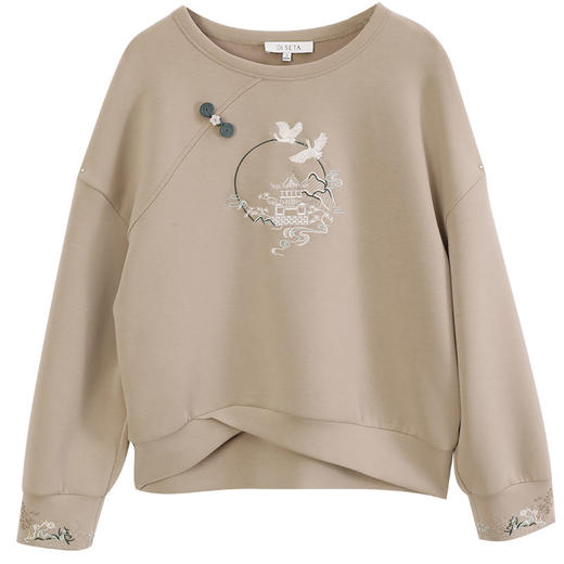 玳莎新中式绣花卫衣2024秋款斜襟设计感落肩袖宽松圆领上衣女  EC32302 商品图4