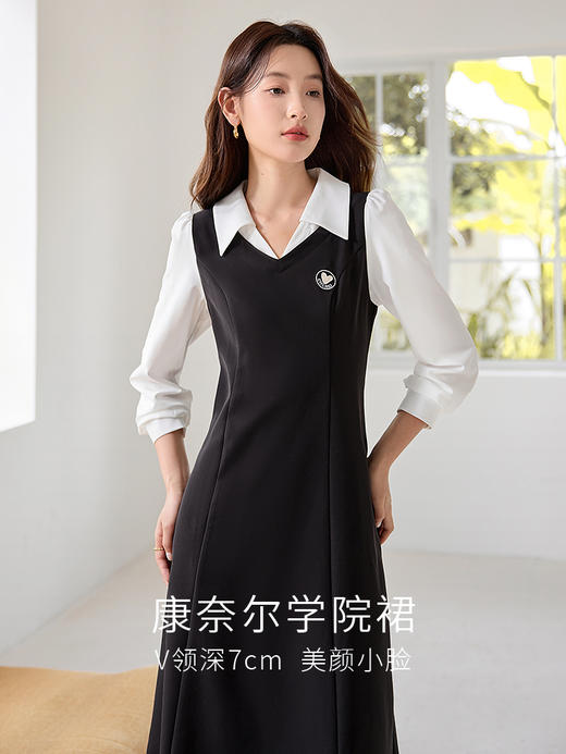 【专属特价】熙世界2025秋季新款学院风假两件连衣裙长袖通勤撞色衬衫领裙子 商品图1