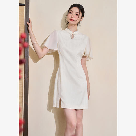精致典雅小立领荷叶袖连衣裙女春季新款修身古典新式旗袍V0740443 商品图0