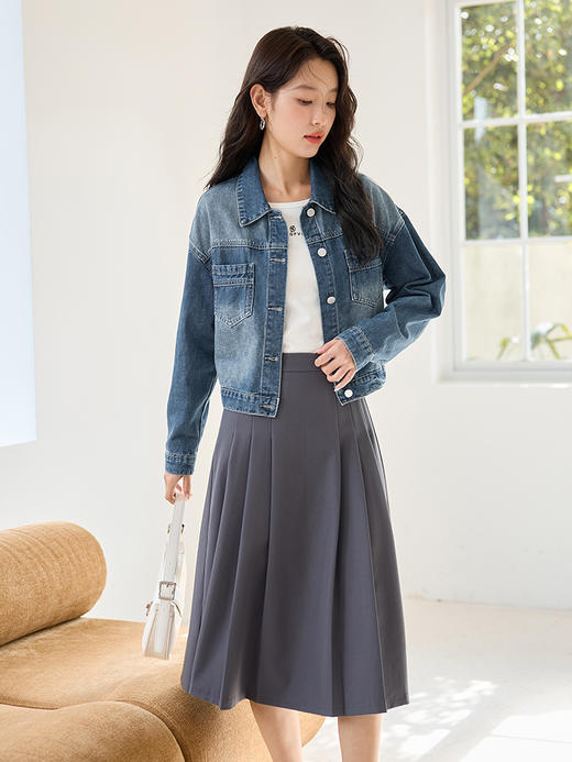 【五折购】熙世界复古牛仔外套短款小个子2025年新款春秋简约翻领牛仔上衣 商品图2