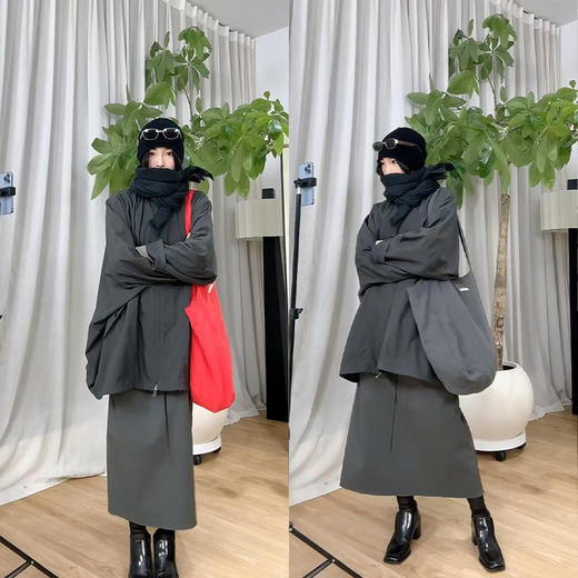 HIDEMI 极简廓形伞状拉链立领设计感口袋中长款休闲感外套风衣 深棕酒红/雾霾蓝灰 商品图1