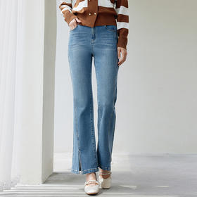 玳莎天丝微喇牛仔裤女2024年秋季新款开衩脚口时尚修身显瘦喇叭裤  EC36304