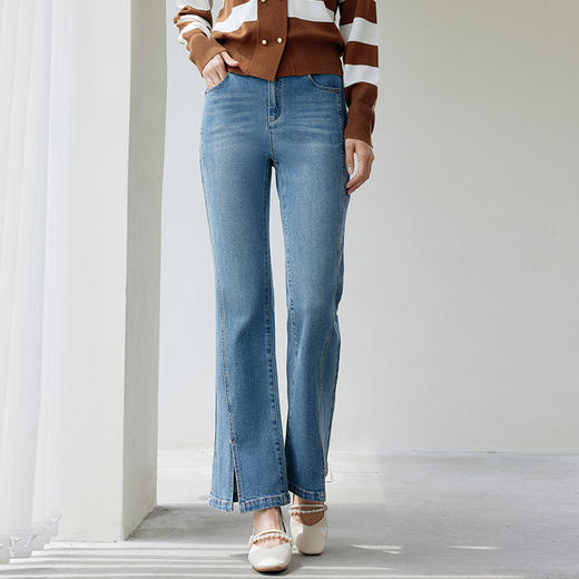 玳莎天丝微喇牛仔裤女2024年秋季新款开衩脚口时尚修身显瘦喇叭裤  EC36304 商品图0