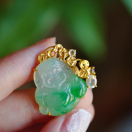 龢盒原创 冰飘阳绿小精品翡翠小财神吊坠 商品图0