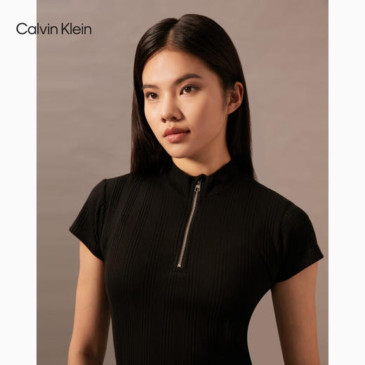 CKJ新款女士简约ck刺绣螺纹拉链半开襟短袖T恤J223564 商品图7