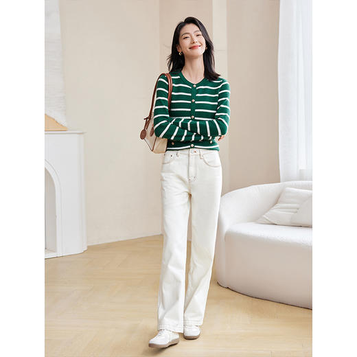 【专属特惠】熙世界小香风条纹针织开衫2025秋季新款高级感圆领长袖短款上衣 商品图4