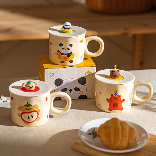 积分免费兑：摩登主妇动物派对马克杯带盖陶瓷杯子办公室水杯早餐杯情侣咖啡杯游泳熊猫 商品图2