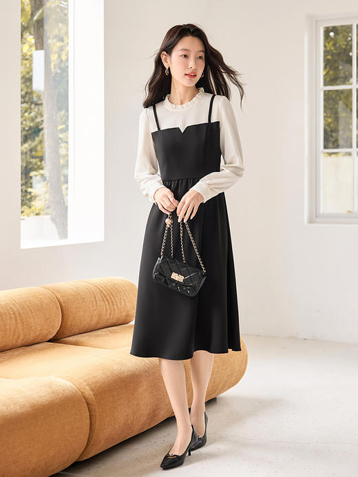 【年终特卖】熙世界拼接假两件连衣裙2025年秋季新款优雅气质减龄显瘦小黑裙 商品图3