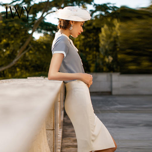 IWY/ 时尚名媛蓝色系带衬衫包臀裙套装职业装女装ol白领面试工作服夏B81 商品图7