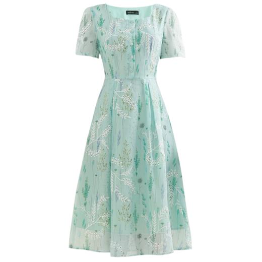 未风雪纺绿色碎花连衣裙女夏2024年夏季新款气质方领修身显瘦裙子 商品图4