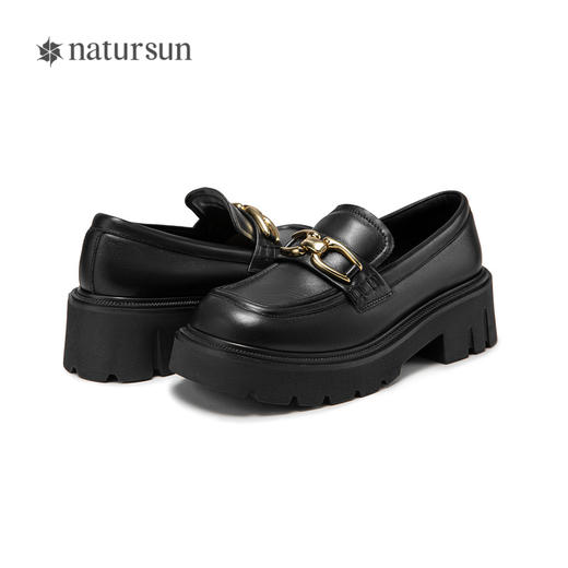 natursun乐福鞋女四季鞋黑色英伦小皮鞋通勤舒适单鞋女鞋N24429502 商品图3