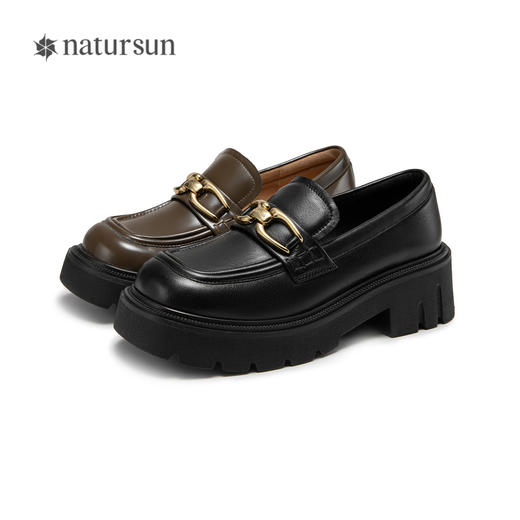 natursun乐福鞋女四季鞋黑色英伦小皮鞋通勤舒适单鞋女鞋N24429502 商品图4
