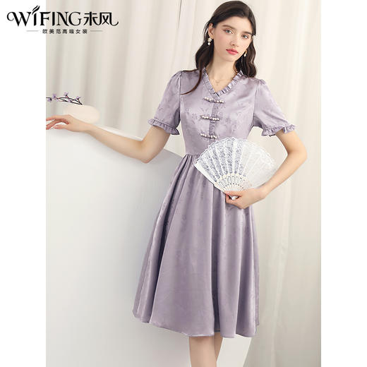 未风紫色木耳边V领连衣裙女夏2024夏季新款复古女装显瘦减龄裙子 商品图2