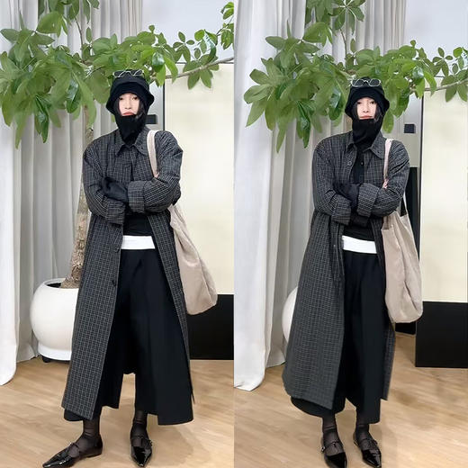 HIDEMI 限定色织格纹极简廓形长款风衣 商品图1