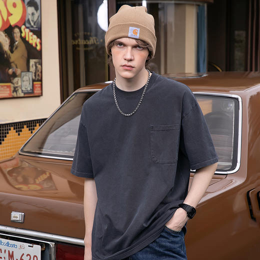 自由基地新款300克纯棉水洗做旧口袋款圆领短袖T恤衫（男女同款) NMT-2139 商品图1