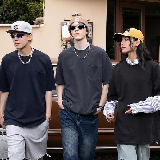 自由基地新款300克纯棉水洗做旧口袋款圆领短袖T恤衫（男女同款) NMT-2139 商品图0