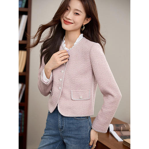 【年货节】熙世界千金小香风女士短外套2025秋新款小个子名媛气质粉色上衣 商品图2