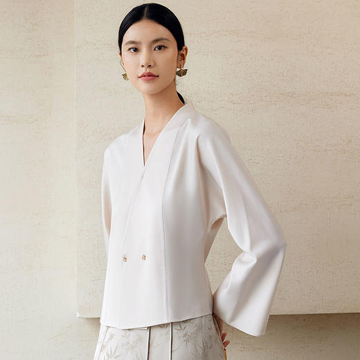 玳莎V领收腰修身衬衫2024年秋季新款气质通勤职业缎面长袖上衣女  EC31305 商品图1