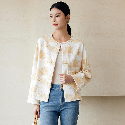 玳莎新中式圆领薄外套女2024早秋新款提花印花盘扣设计连肩袖上衣  EC37304 商品图1