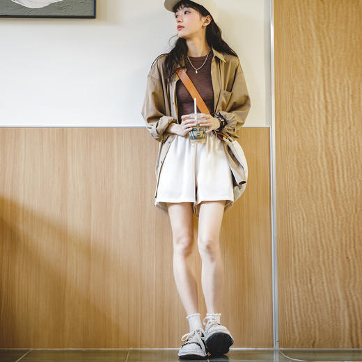 马登女装美式休闲运动刺绣短裤夏季百搭显瘦丝感高腰运动阔腿裤 商品图4