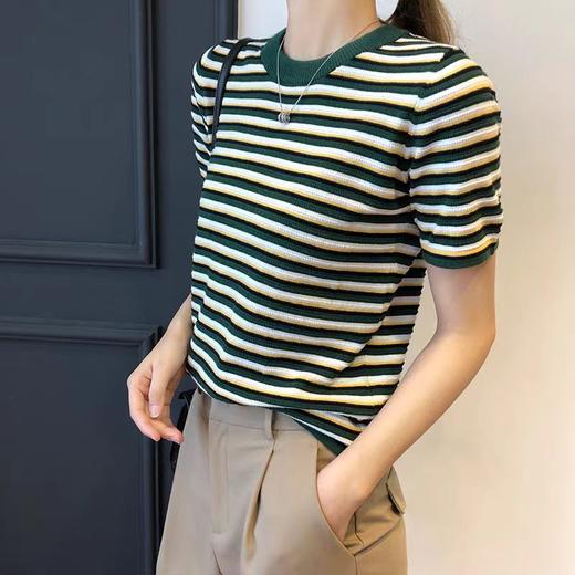 “禾家”同款条纹针织衫 宽松版薄款夏季冰丝圆领条纹T恤短袖 商品图1