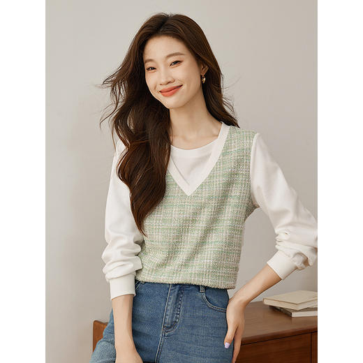 【年终特卖】熙世界气质休闲小香风马甲拼接长袖上衣假两件卫衣2025秋季新款 商品图1