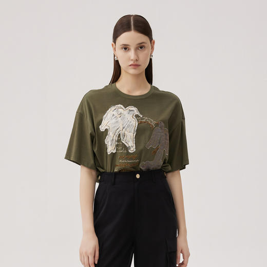 谜底绣花中长款T恤短袖女士2024秋新品复古百搭宽松上衣243MT0962 商品图0