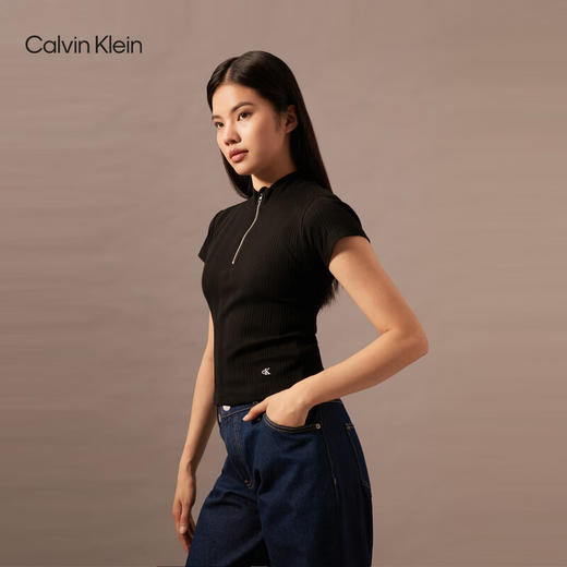 CKJ新款女士简约ck刺绣螺纹拉链半开襟短袖T恤J223564 商品图4
