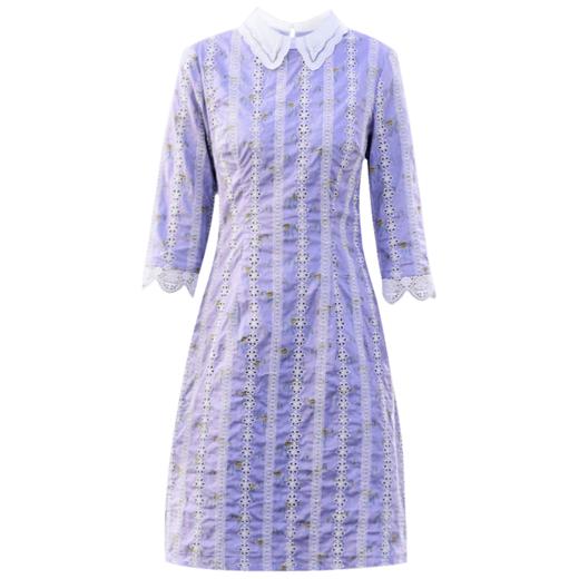 勿忘花紫色纯棉中式娃娃领连衣裙女2025春季新款复古收腰显瘦裙子 商品图4