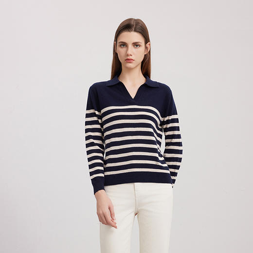 【V领条纹撞色羊绒衫】24年秋冬新品女士100%山羊绒时尚双色毛衣 商品图4