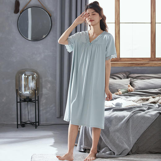芬腾睡裙女士纯棉短袖夏季薄款中长裙休闲睡衣宽松大码全棉家居服 商品图1