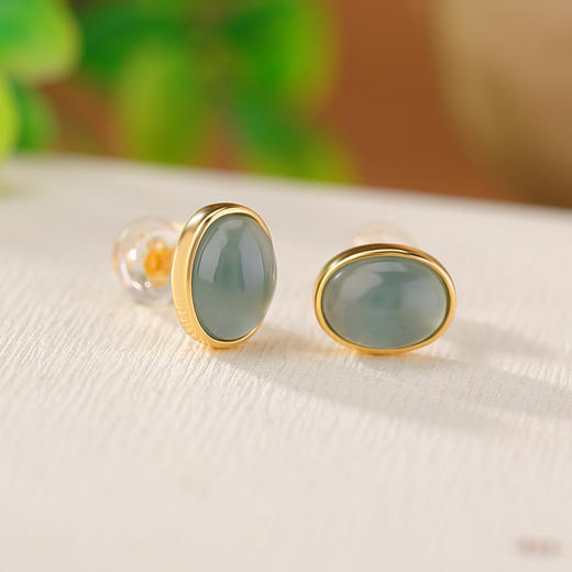 【碧云微敛】S925银镀金翡翠蛋面耳钉【CW-ED03345】 商品图1