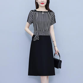 雀说条纹拼接连衣裙女新款时尚洋气韩版假两件简约显瘦中长裙AL8535