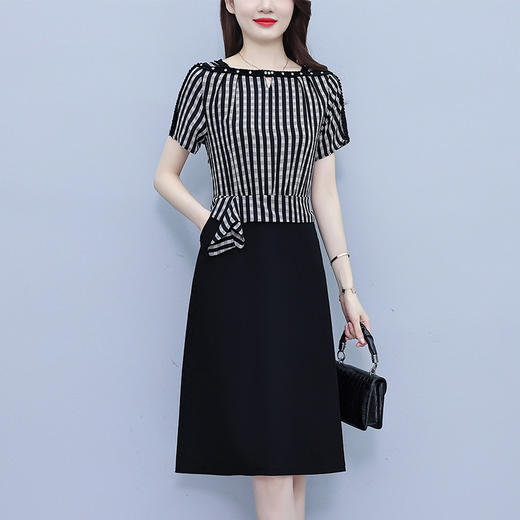 雀说条纹拼接连衣裙女新款时尚洋气韩版假两件简约显瘦中长裙AL8535 商品图0