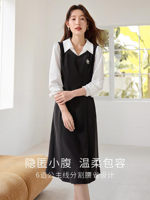 【专属特价】熙世界2025秋季新款学院风假两件连衣裙长袖通勤撞色衬衫领裙子 商品图4
