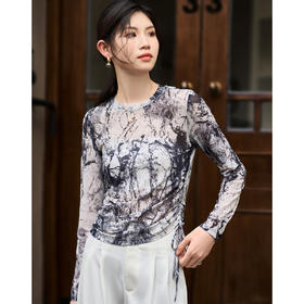 剩S 米思阳2026春季新款国风泼墨感网纱T恤轻薄透气长袖上衣女3578