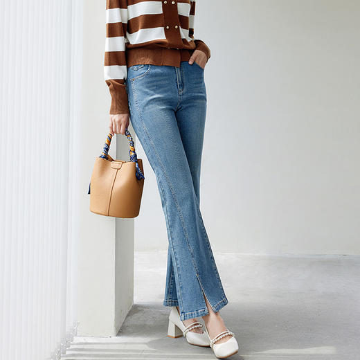 玳莎天丝微喇牛仔裤女2024年秋季新款开衩脚口时尚修身显瘦喇叭裤  EC36304 商品图1