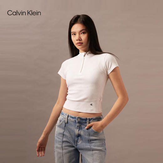 CKJ新款女士简约ck刺绣螺纹拉链半开襟短袖T恤J223564 商品图0