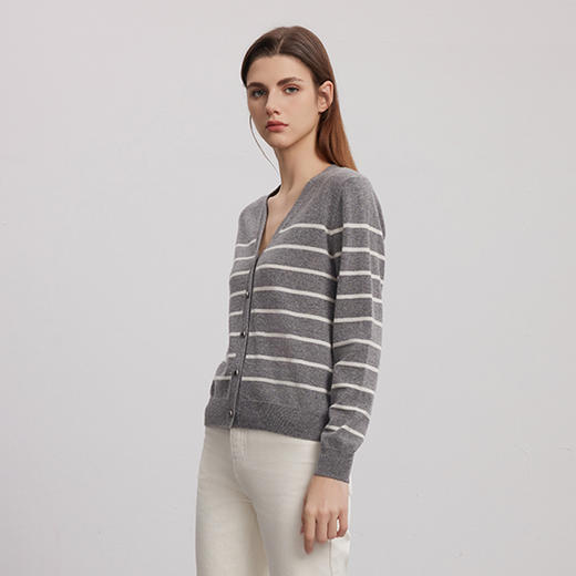 【V领条纹撞色开衫】羊绒世家秋冬新品女士100%山羊绒针织开衫小外套 商品图3