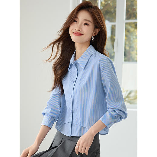 【年终特卖】熙世界设计感别致条纹衬衫2025早秋新款通勤小个子拼接时尚衬衣 商品图2