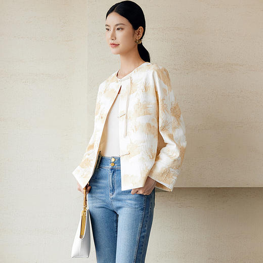 玳莎新中式圆领薄外套女2024早秋新款提花印花盘扣设计连肩袖上衣  EC37304 商品图2