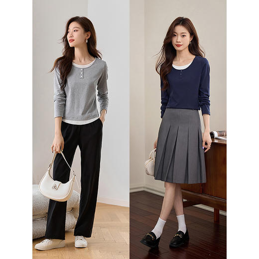 【1件71折】熙世界时髦假两件t恤长袖2025秋季修身圆领打底衫正肩显瘦上衣 商品图4