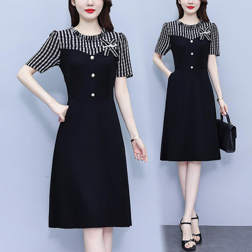 雀说条纹拼接连衣裙女新款时尚洋气圆领韩版假两件简约中长裙AL8530 商品图5