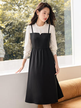 【年终特卖】熙世界拼接假两件连衣裙2025年秋季新款优雅气质减龄显瘦小黑裙