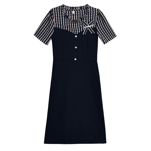 雀说条纹拼接连衣裙女新款时尚洋气圆领韩版假两件简约中长裙AL8530 商品图4