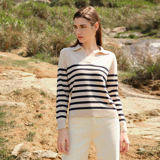 【V领条纹撞色羊绒衫】24年秋冬新品女士100%山羊绒时尚双色毛衣 商品图1