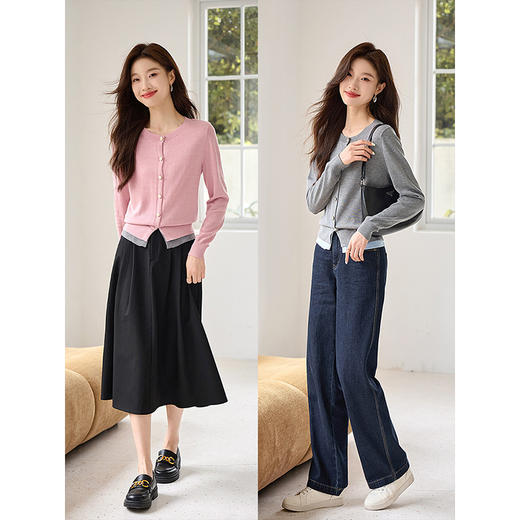 【年终特卖】熙世界学院风撞色假两件针织衫2025年秋装新款含羊毛开衫短外套 商品图3