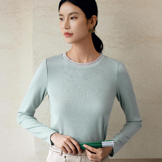 玳莎拼接设计感圆领针织衫女2024新款显瘦纯色内搭长袖上衣  EC32303 商品图1