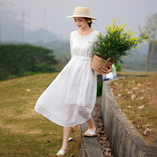 圆领七分袖系带，蕾丝拼接苎麻连衣裙TT96125 商品图3